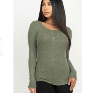 Womens Basic Button Front Long Sleeve Soft Hacci Knit Stretch Henley Sweater Top